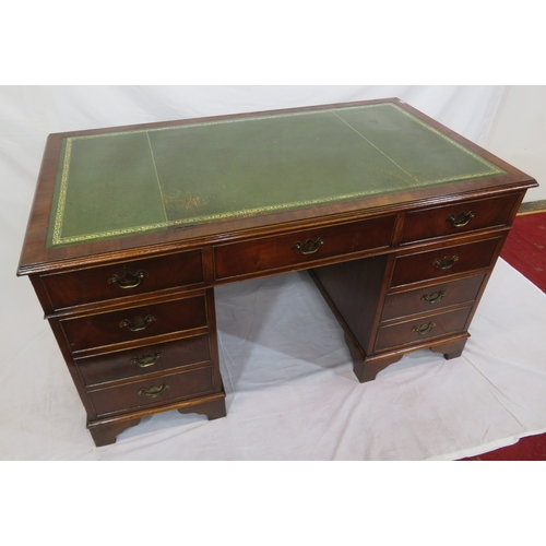 280 - Edwardian design oblong desk with leatherette inset, two drawers with drop handles, shaped columns &... 