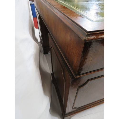 280 - Edwardian design oblong desk with leatherette inset, two drawers with drop handles, shaped columns &... 