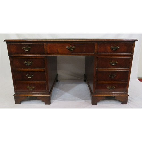 280 - Edwardian design oblong desk with leatherette inset, two drawers with drop handles, shaped columns &... 