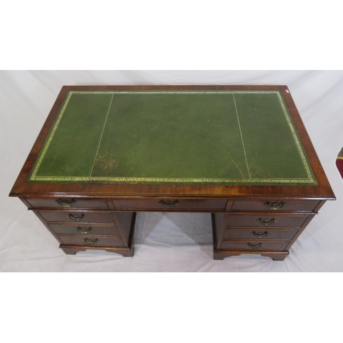 280 - Edwardian design oblong desk with leatherette inset, two drawers with drop handles, shaped columns &... 