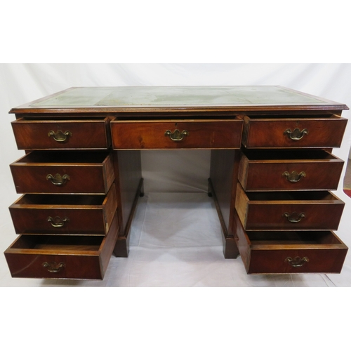 280 - Edwardian design oblong desk with leatherette inset, two drawers with drop handles, shaped columns &... 