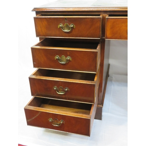 280 - Edwardian design oblong desk with leatherette inset, two drawers with drop handles, shaped columns &... 