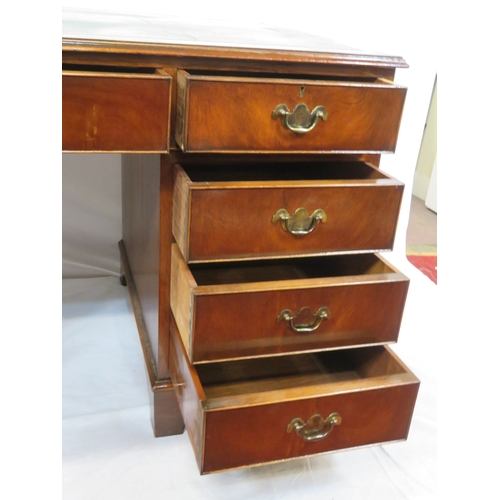 280 - Edwardian design oblong desk with leatherette inset, two drawers with drop handles, shaped columns &... 