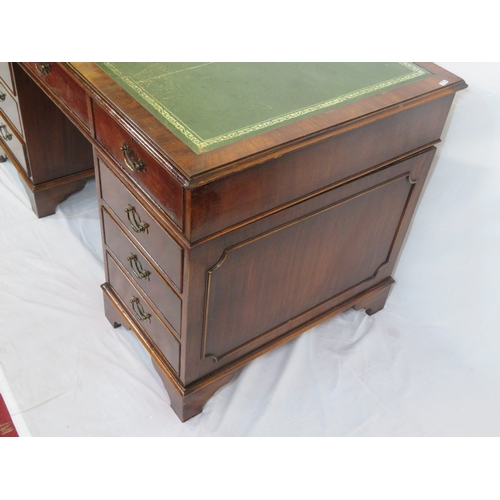 280 - Edwardian design oblong desk with leatherette inset, two drawers with drop handles, shaped columns &... 