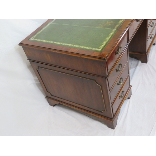 280 - Edwardian design oblong desk with leatherette inset, two drawers with drop handles, shaped columns &... 