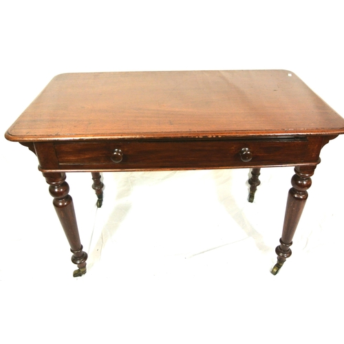 300 - Victorian mahogany oblong occasional or side table with frieze drawer, round handles, turned taperin... 