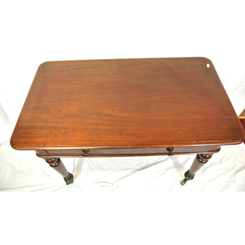 300 - Victorian mahogany oblong occasional or side table with frieze drawer, round handles, turned taperin... 