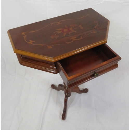 301 - Edwardian style inlaid yew side table with angled sides, frieze drawer, turned column, on hipped tri... 