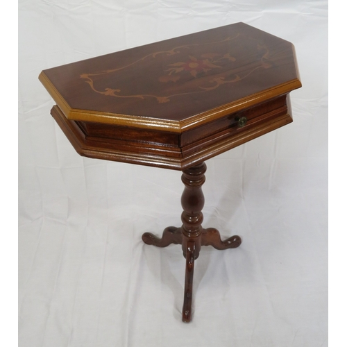 301 - Edwardian style inlaid yew side table with angled sides, frieze drawer, turned column, on hipped tri... 