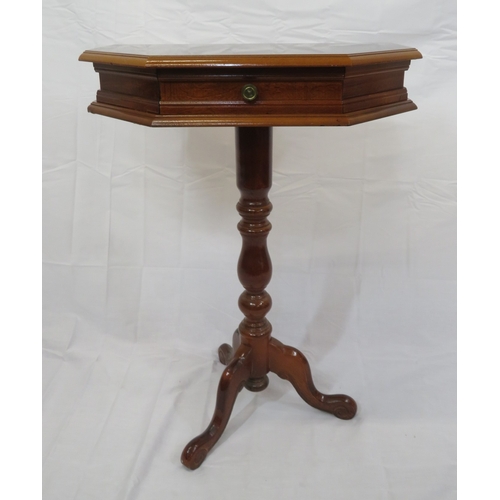 301 - Edwardian style inlaid yew side table with angled sides, frieze drawer, turned column, on hipped tri... 