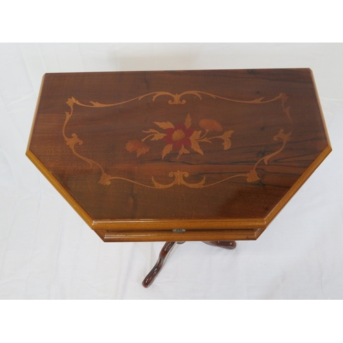 301 - Edwardian style inlaid yew side table with angled sides, frieze drawer, turned column, on hipped tri... 