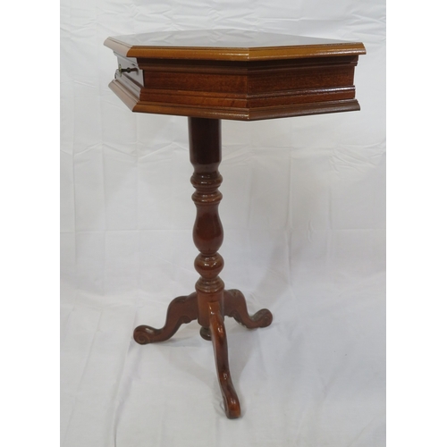 301 - Edwardian style inlaid yew side table with angled sides, frieze drawer, turned column, on hipped tri... 