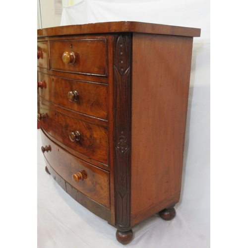 305 - Victorian mahogany & walnut bow fronted chest of 2 short & 3 long drawers with bun handles, on ball ... 