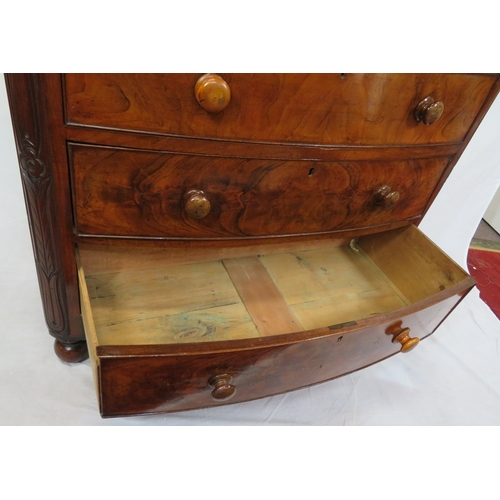 305 - Victorian mahogany & walnut bow fronted chest of 2 short & 3 long drawers with bun handles, on ball ... 