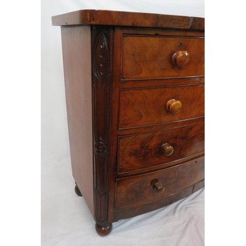 305 - Victorian mahogany & walnut bow fronted chest of 2 short & 3 long drawers with bun handles, on ball ... 