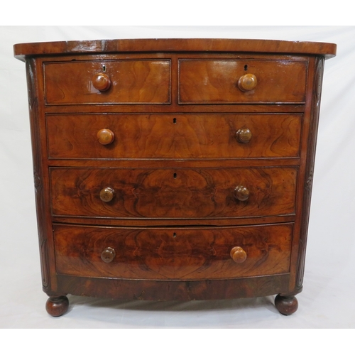 305 - Victorian mahogany & walnut bow fronted chest of 2 short & 3 long drawers with bun handles, on ball ... 