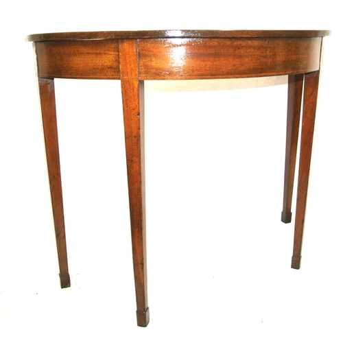 309 - Edwardian inlaid mahogany demi lune hall or side table with string inlay on square tapering legs wit... 