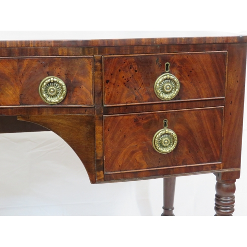 315 - Victorian walnut & mahogany hall or side table with concave front, drawers with ornate brass drop ha... 