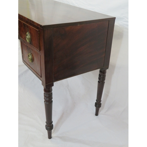 315 - Victorian walnut & mahogany hall or side table with concave front, drawers with ornate brass drop ha... 