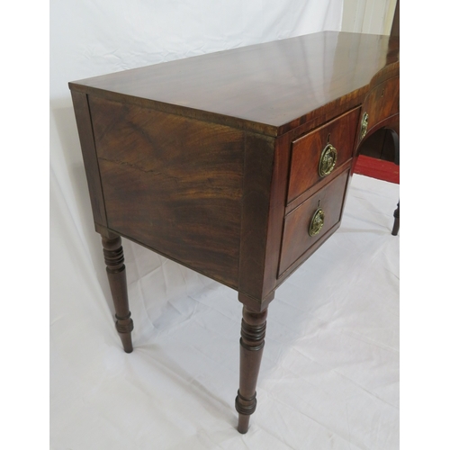 315 - Victorian walnut & mahogany hall or side table with concave front, drawers with ornate brass drop ha... 