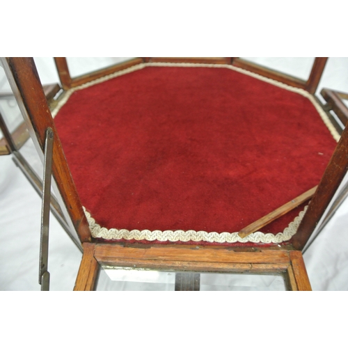 321 - Victorian oak bijouterie table with hexagonal shaped top, bevelled glass insets, on reeded tapering ... 