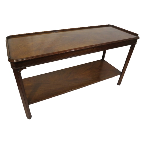 340 - Edwardian mahogany 2 tier side or serving table with raised gallery & square chamfered legs