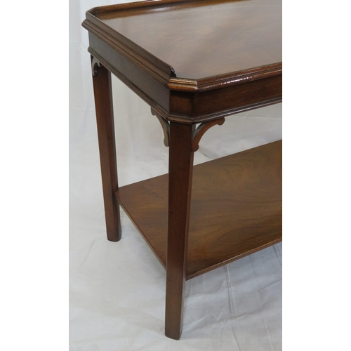 340 - Edwardian mahogany 2 tier side or serving table with raised gallery & square chamfered legs