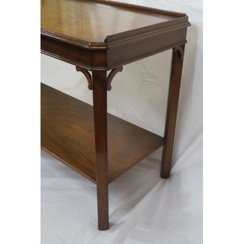 340 - Edwardian mahogany 2 tier side or serving table with raised gallery & square chamfered legs