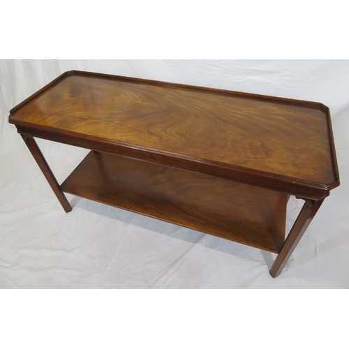 340 - Edwardian mahogany 2 tier side or serving table with raised gallery & square chamfered legs