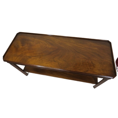 340 - Edwardian mahogany 2 tier side or serving table with raised gallery & square chamfered legs