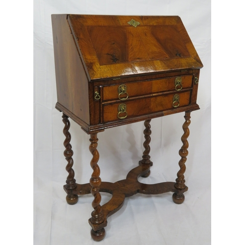 341 - William & Mary inlaid & crossbanded walnut small bureau with drop-down front, pull-out supports, fit... 