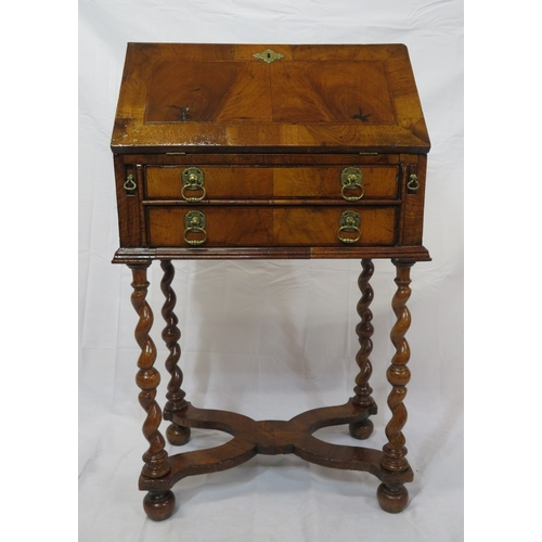 341 - William & Mary inlaid & crossbanded walnut small bureau with drop-down front, pull-out supports, fit... 