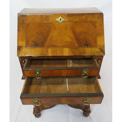 341 - William & Mary inlaid & crossbanded walnut small bureau with drop-down front, pull-out supports, fit... 