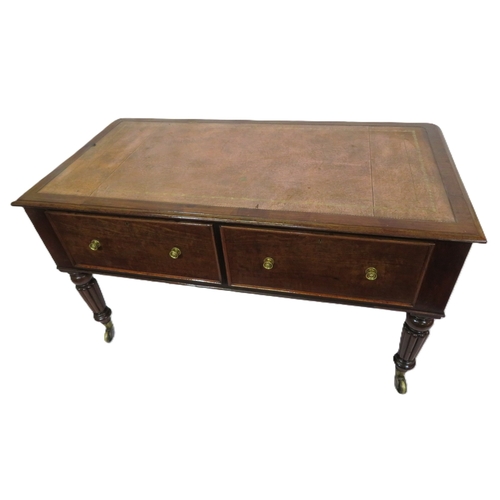 345 - Edwardian walnut & mahogany desk with leatherette inset, 5 drawers with brass handles, on turned ree... 