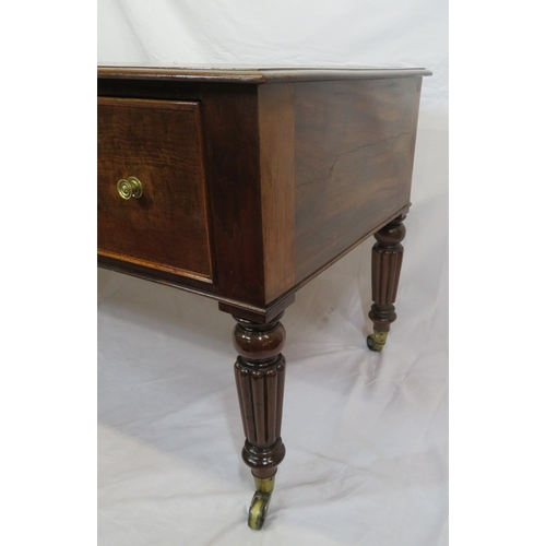 345 - Edwardian walnut & mahogany desk with leatherette inset, 5 drawers with brass handles, on turned ree... 