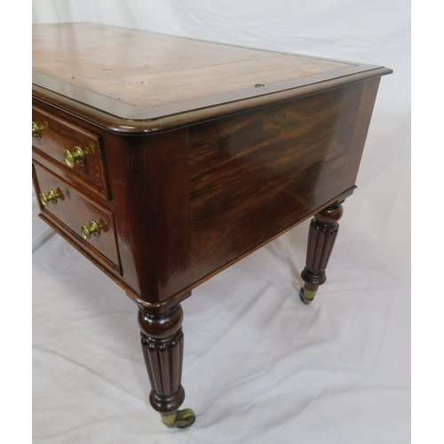 345 - Edwardian walnut & mahogany desk with leatherette inset, 5 drawers with brass handles, on turned ree... 