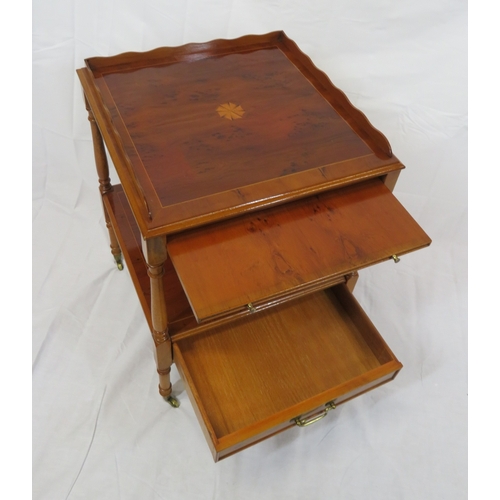 351 - Edwardian style inlaid yew bachelors 2 tier table with pull-out shelf, drawer with brass drop handle... 