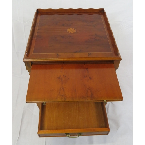 351 - Edwardian style inlaid yew bachelors 2 tier table with pull-out shelf, drawer with brass drop handle... 