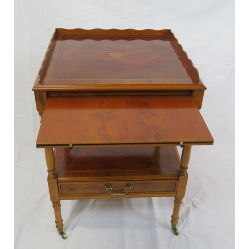 351 - Edwardian style inlaid yew bachelors 2 tier table with pull-out shelf, drawer with brass drop handle... 