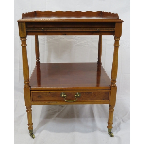 351 - Edwardian style inlaid yew bachelors 2 tier table with pull-out shelf, drawer with brass drop handle... 