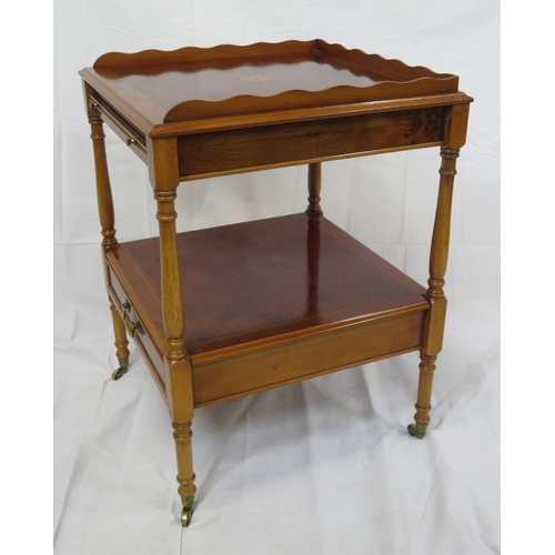 351 - Edwardian style inlaid yew bachelors 2 tier table with pull-out shelf, drawer with brass drop handle... 