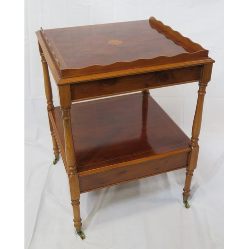 351 - Edwardian style inlaid yew bachelors 2 tier table with pull-out shelf, drawer with brass drop handle... 