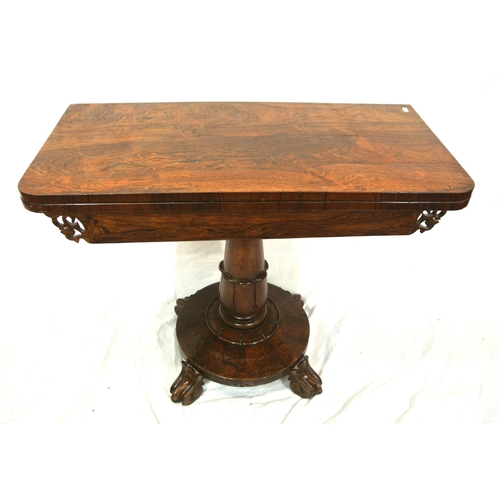 365 - William IV rosewood card table with swivel folld-over top, baize playing surface, on acanthus carved... 