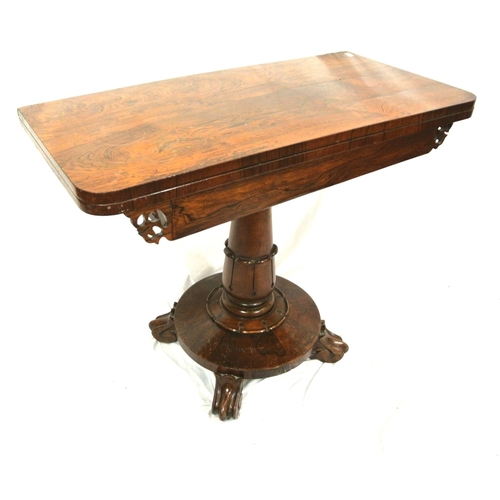 365 - William IV rosewood card table with swivel folld-over top, baize playing surface, on acanthus carved... 