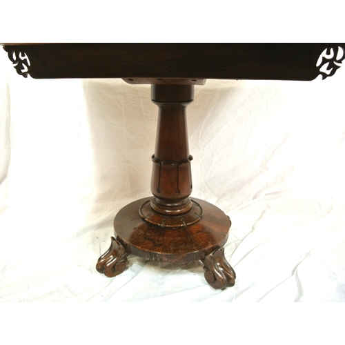 365 - William IV rosewood card table with swivel folld-over top, baize playing surface, on acanthus carved... 