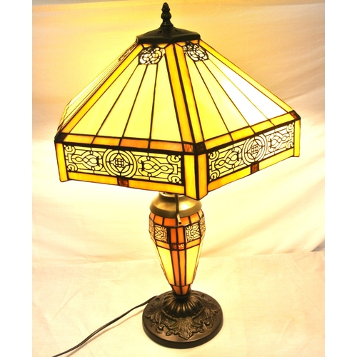 368 - Art Deco style table lamp with angled panel shade &  body on floral decorated round base