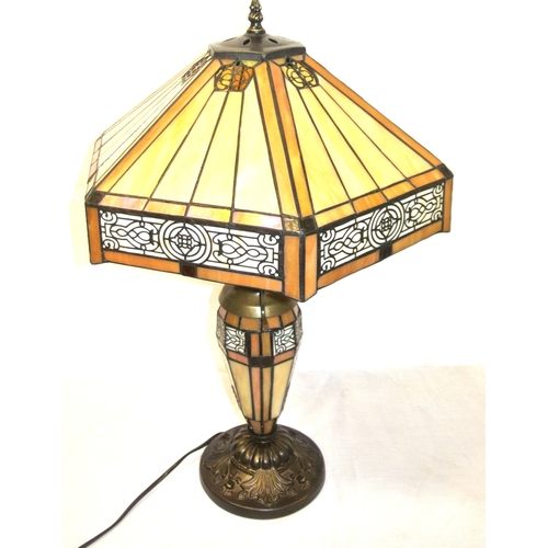 368 - Art Deco style table lamp with angled panel shade &  body on floral decorated round base