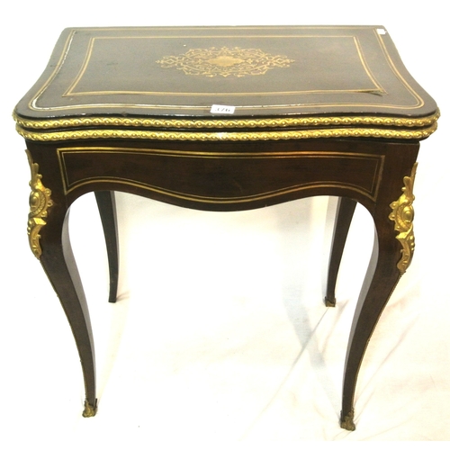 376 - Louis XV inlaid card table with ormolu mounted serpentine borders, ornate brass inlay, swivel top wi... 