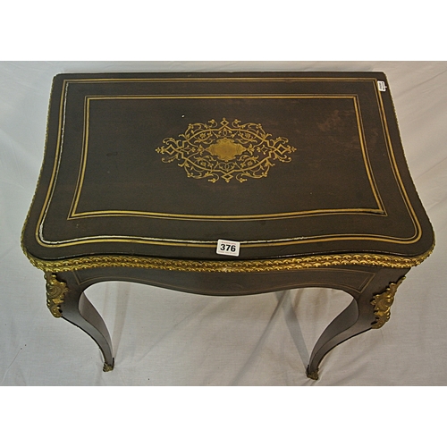 376 - Louis XV inlaid card table with ormolu mounted serpentine borders, ornate brass inlay, swivel top wi... 