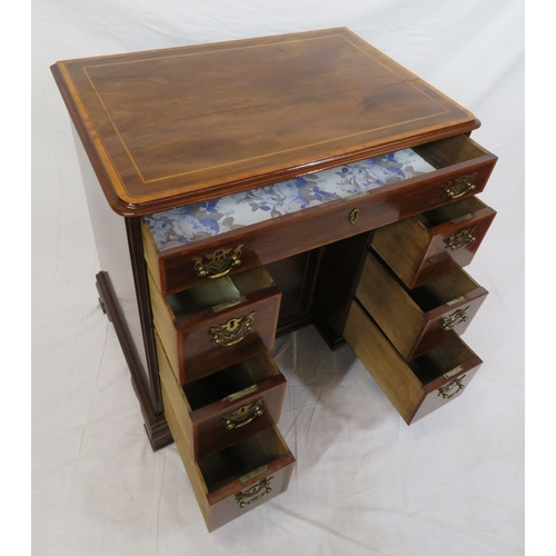 386 - Edwardian inlaid & crossbanded mahogany kneehole desk, 1 frieze & 6 side drawers with brass drop han... 